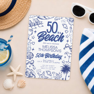 Whimsical Hand Drawn Doodle 50th Beach Birthday Invitation