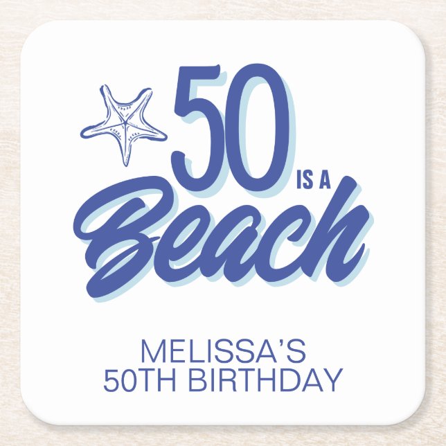 Whimsical Hand Drawn Doodle 50th Beach Birthday Square Paper Coaster (Front)