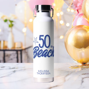 Whimsical Hand Drawn Doodle 50th Beach Birthday Water Bottle