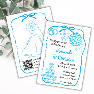 Whimsical Hand Drawn Doodle Blue  Bow Wedding Invitation