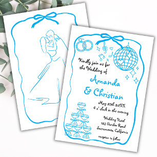 Whimsical Hand Drawn Doodle Blue Bow Wedding Invitation