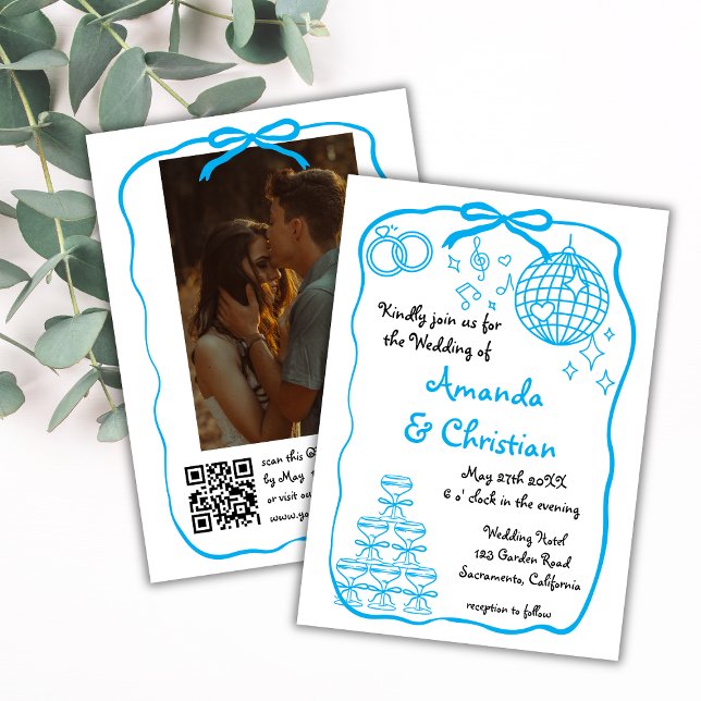 Whimsical Hand Drawn Doodle Blue  Photo Wedding Invitation (Creator Uploaded)