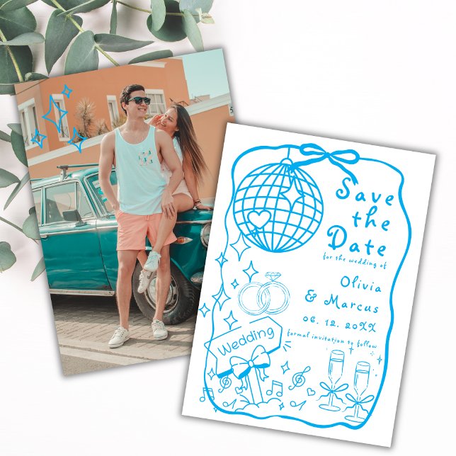 Whimsical Hand Drawn Doodle Blue Wedding Save The Date (Creator Uploaded)