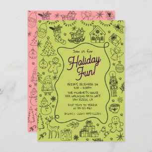 Whimsical hand drawn doodle Christmas Party Invitation