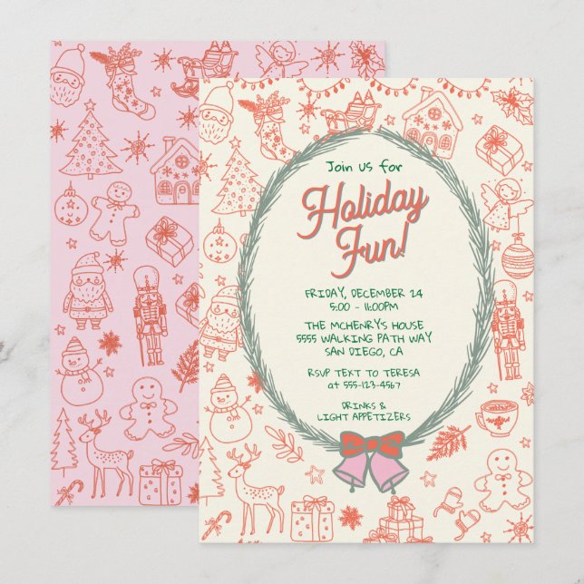 Whimsical hand drawn doodle Christmas Party Invitation (Front/Back)