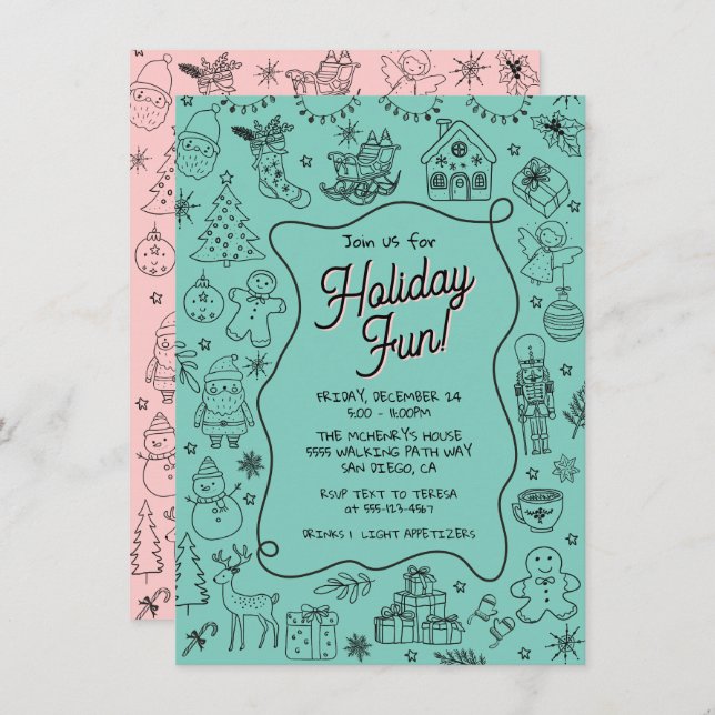 Whimsical hand drawn doodle Christmas Party Invitation (Front/Back)