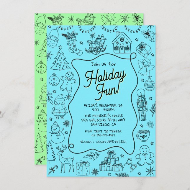 Whimsical hand drawn doodle Christmas Party Invitation (Front/Back)
