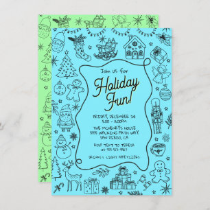 Whimsical hand drawn doodle Christmas Party Invitation
