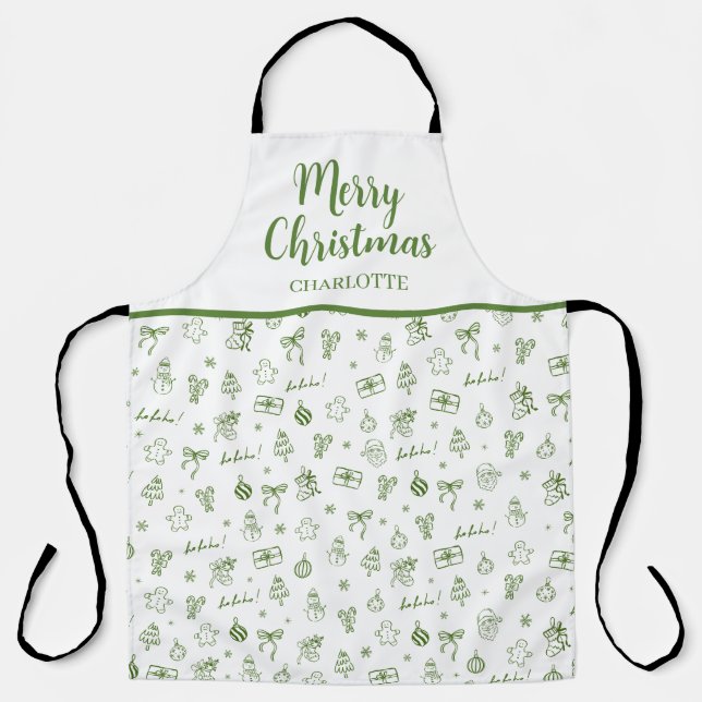 Whimsical Hand Drawn Doodle Green Apron (Front)