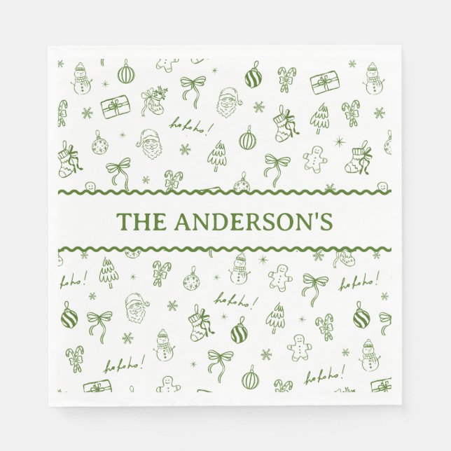 Whimsical Hand Drawn Doodle Green Napkin (Front)