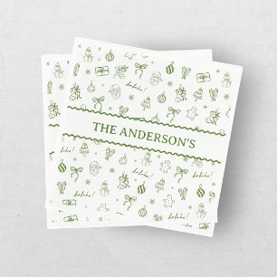 Whimsical Hand Drawn Doodle Green Napkin