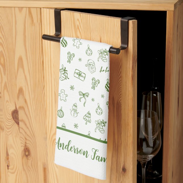 Whimsical Hand Drawn Doodle Green Tea Towel (Thirds Fold)