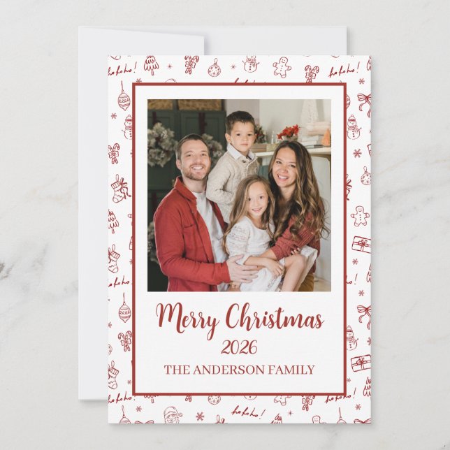 Whimsical Hand Drawn Doodle Red Holiday Card (Front)