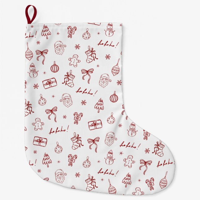 Whimsical Hand Drawn Doodle Red Large Christmas Stocking (Front)