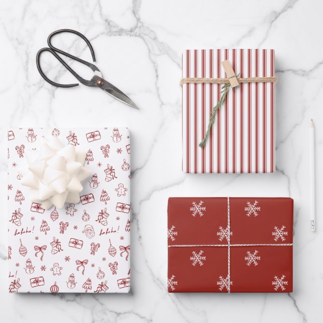 Whimsical Hand Drawn Doodle Red Wrapping Paper Sheet (Front)