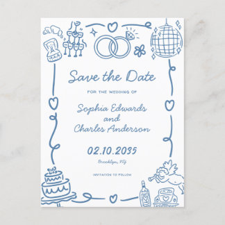 Whimsical Hand Drawn Doodle Wedding Save the Date Postcard