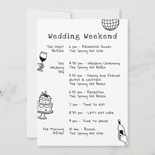 Whimsical Hand Drawn Doodle Wedding Timeline Invitation (Back)
