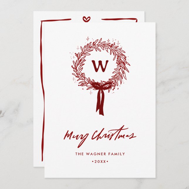 Whimsical Hand Drawn Doodle Wreath Christmas Photo Holiday Card (Front/Back)