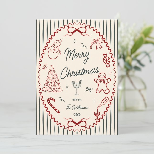 Whimsical Hand Drawn Doodles Christmas Photo Holiday Card (Standing Front)