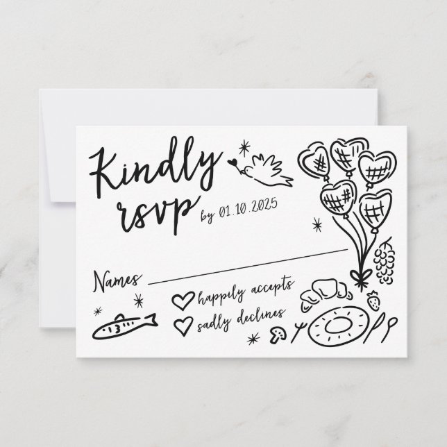 Whimsical Hand Drawn Doodles French Style Wedding RSVP Card (Front)