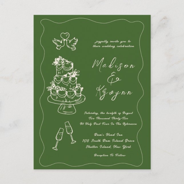 Whimsical Hand Drawn Doodles Wedding Postcard (Front)
