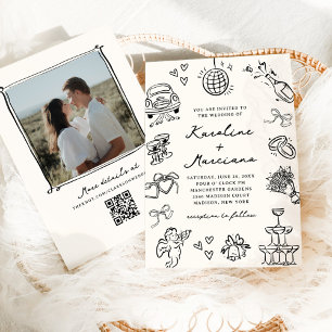Whimsical Hand Drawn Doodles Wedding QR Code Invitation