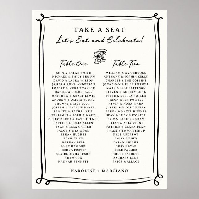 Whimsical Hand Drawn Doodles Wedding Seating Chart (Front)