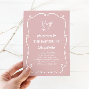 Whimsical Hand-Drawn Dove Pink   Baptism Invitation