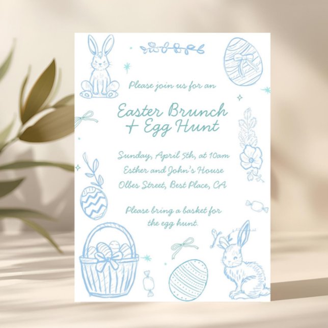 Whimsical Hand drawn Easter Brunch & Egg Hunt Invitation (hand drawn easter, minimalist easter invitation, kids easter party, family easter brunch, spring par)