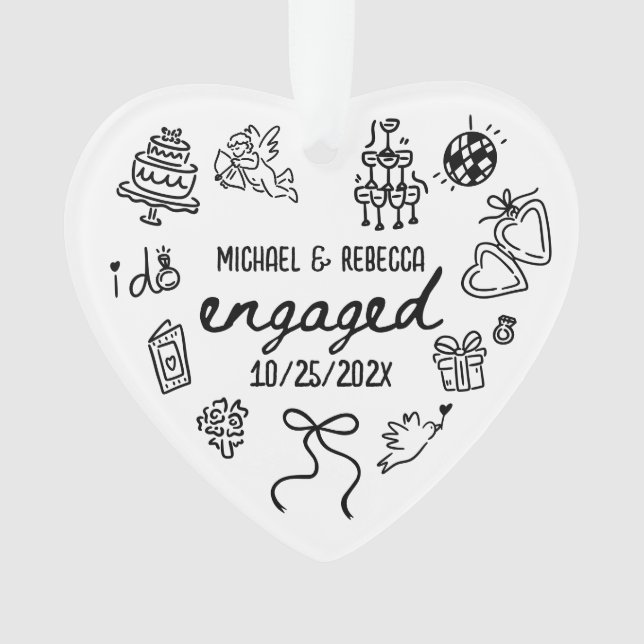 Whimsical Hand Drawn Engagement Christmas Ornament (Front)