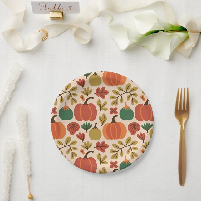 Whimsical Hand-Drawn Fall Halloween Pumpkin Seamle Paper Plate (Wedding)