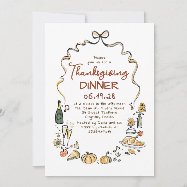 Whimsical Hand Drawn Fall Thanksgiving Dinner Invitation (Front)