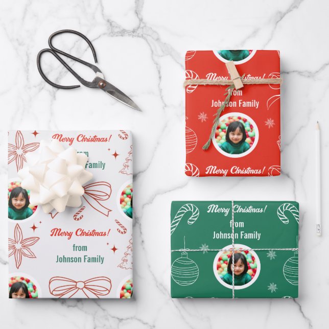 Whimsical Hand Drawn Family Photo Christmas Gift Wrapping Paper Sheet (Front)