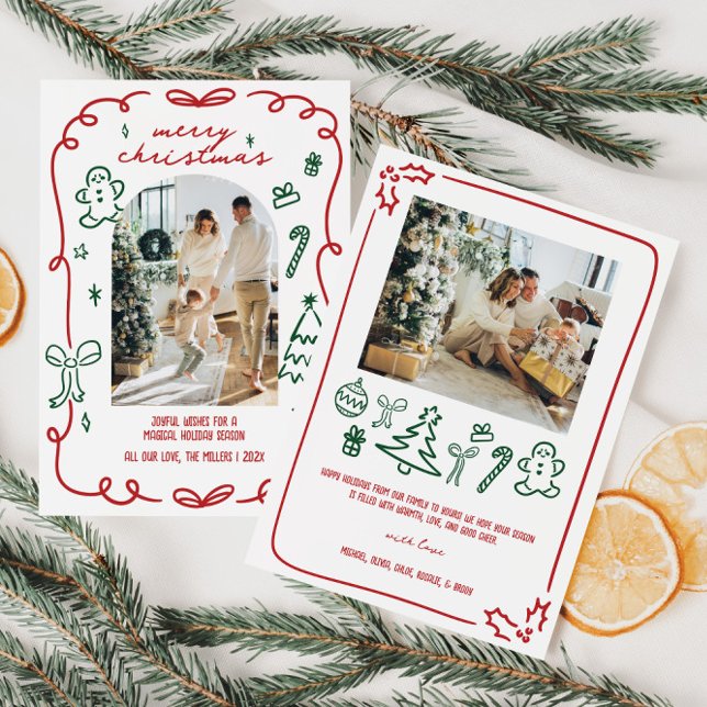 Whimsical Hand Drawn Family Photo Holiday Card (Whimsical Hand Drawn Christmas Family Photo Holiday Card)