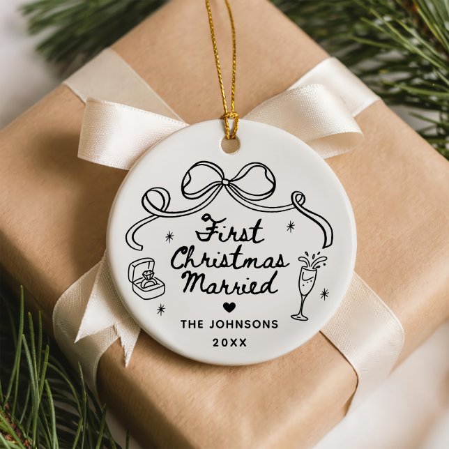 Whimsical Hand Drawn  First Christmas Married Ceramic Tree Decoration (Creator Uploaded)