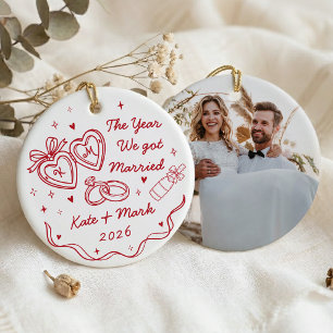 Whimsical Hand Drawn First Christmas Married Ceramic Tree Decoration