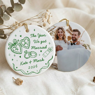 Whimsical Hand Drawn First Christmas Married Ceramic Tree Decoration