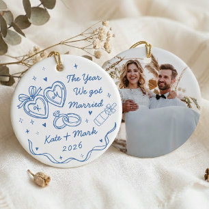 Whimsical Hand Drawn First Christmas Married Ceramic Tree Decoration