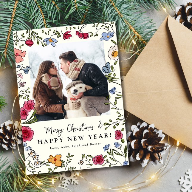 Whimsical Hand Drawn Floral Holiday Photo Card (Whimsical Hand Drawn Floral Holiday Photo Card)