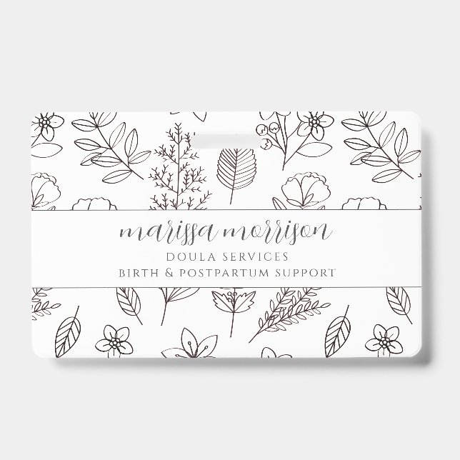 Whimsical Hand Drawn Floral On Pink Doula Badge ID Badge (Front)