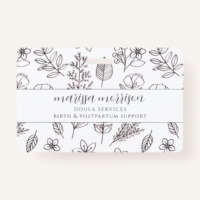 Whimsical Hand Drawn Floral On Pink Doula Badge ID Badge (Front)