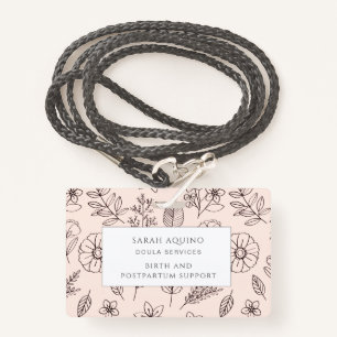 Whimsical Hand Drawn Floral On Pink Doula Badge ID Badge