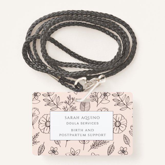 Whimsical Hand Drawn Floral On Pink Doula Badge ID Badge (Front with Lanyard)