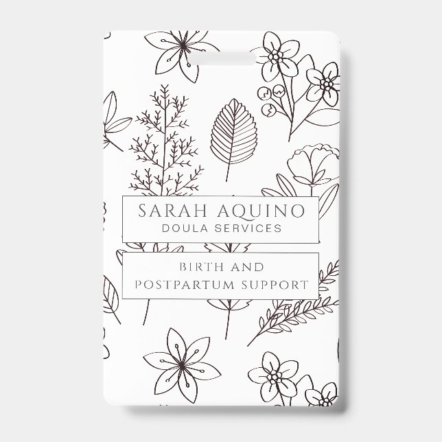 Whimsical Hand Drawn Floral On White Doula ID Badge (Front)