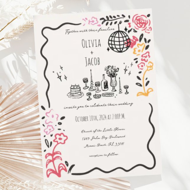 Whimsical Hand Drawn Floral Scribble Wavy Wedding Invitation (Creator Uploaded)