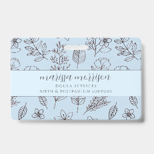 Whimsical Hand Drawn Floral Script Blue Doula ID Badge