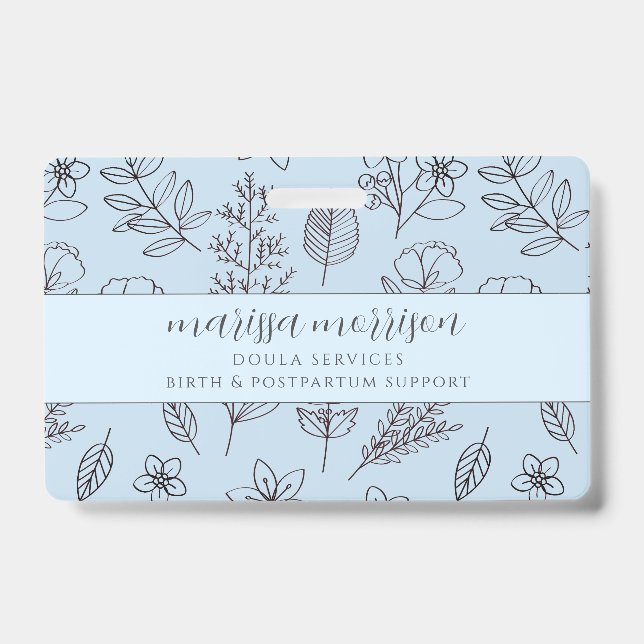 Whimsical Hand Drawn Floral Script Blue Doula ID Badge (Front)