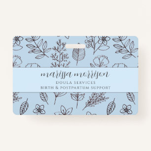Whimsical Hand Drawn Floral Script Blue Doula ID Badge