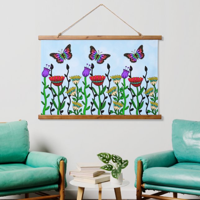 Whimsical Hand Drawn Flowers and Butterflies   Hanging Tapestry (Living Room)