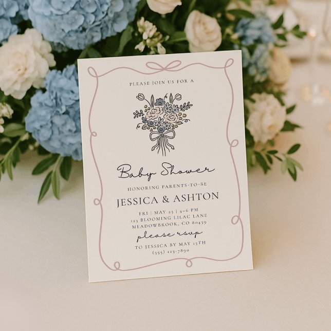 Whimsical hand-drawn flowers and frame baby shower invitation (Creator Uploaded)